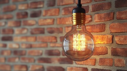 Poster - 3D rendering of a decorative antique Edison style light bulb against a brick wall background captured through mobile photography