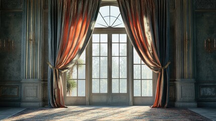 Poster - Elegant 3D rendering of a glass window adorned with a curtain