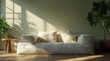 Poster - 3D rendering of a Scandinavian inspired interior featuring a sofa and wooden flooring