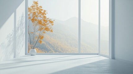 Poster - Stylish empty room in white featuring autumn landscape through the window showcasing Scandinavian interior design with 3D rendering
