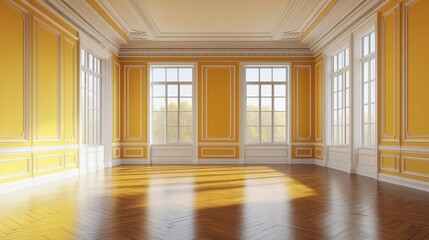 Poster - 3D rendering of an unfurnished interior concept featuring a yellow room with a white ceiling and cornice glossy herringbone parquet flooring two large windows and a white plinth 8K Ultra HD 7680x4