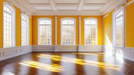 Poster - 3D rendering of an unfurnished interior concept featuring a yellow room with a white ceiling and cornice glossy herringbone parquet flooring two large windows and a white plinth 8K Ultra HD 7680x4