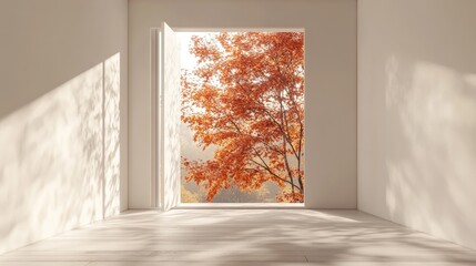 Poster - Stylish empty room in white featuring autumn landscape through the window showcasing Scandinavian interior design with 3D rendering