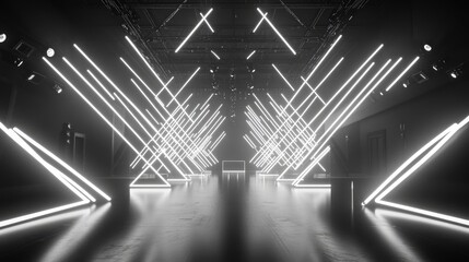 Poster - 3D rendering of abstract illuminated neon lights in a dance space featuring numerous white lines against a black background The stage is prominently displayed complemented by geometric shapes form