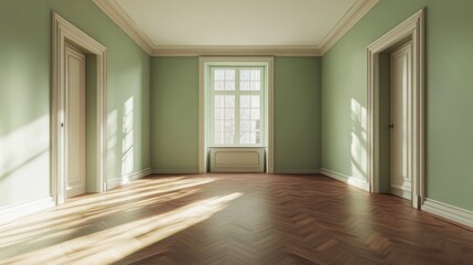 Poster - 3D rendering of an empty room featuring light green walls oak parquet flooring and reddish wood accents