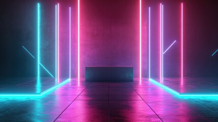 Poster - 3D rendering of an abstract neon background featuring a geometric polygonal structure evoking a cyber space virtual reality with a podium for showcasing products illuminated by vibrant neon lights