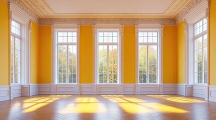 Poster - 3D rendering of an unfurnished interior concept featuring a yellow room with a white ceiling and cornice glossy herringbone parquet flooring two large windows and a white plinth 8K Ultra HD 7680x4