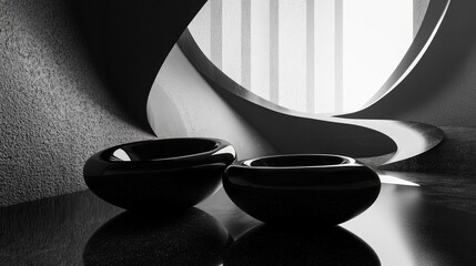 Poster - Dynamic abstract interior featuring smooth black objects 3D rendering and illustration