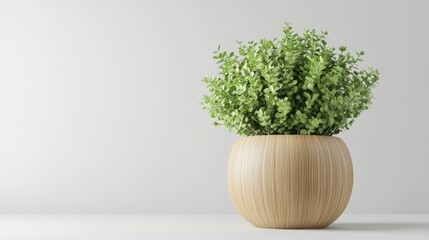 Poster - 3D rendering of small green round leaves on a white background designed for elegant interior decor featuring a large wooden vase
