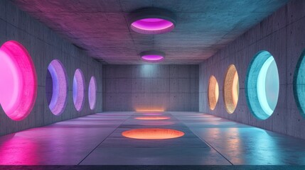 Poster - 3D rendering of an abstract concrete interior featuring discs with colored gradient neon lighting