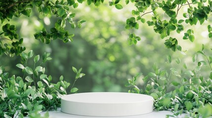 Poster - 3D rendering of a white podium with a green backdrop for displaying eco friendly products