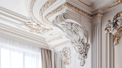 Poster - 3D rendering of a detailed corner ceiling featuring intricate crown molding