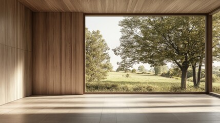 Poster - Beige and wooden empty home interior with a mock up blank wall and panoramic window showcasing a countryside view Living or relaxation room design in 3D rendering featuring no furniture or people