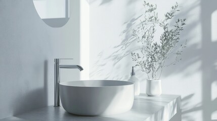 Fototapete - 3D rendering of a modern faucet on a washstand in a minimalist bathroom with white walls