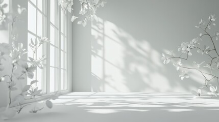 Poster - 3D rendering of an abstract white studio background for product presentation featuring an empty room with window shadows and floral elements