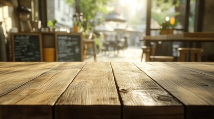 Poster - A 3D rendering of a soft focus wooden table with a blurred coffee shop background