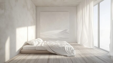 Poster - Minimalist white bedroom interior featuring a double bed on wooden flooring decorated large wall and curtains framing a white landscape in the window 3D rendering