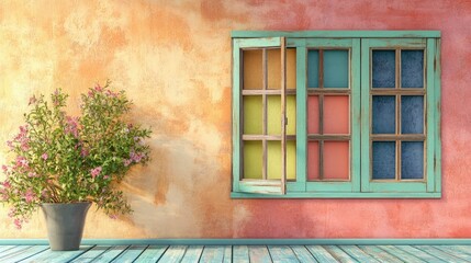 Poster - Colorful wooden window design with 3D rendering on the wall