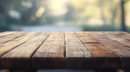 Poster - 3D rendering of a table crafted from planks with a blurred backdrop