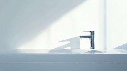 Fototapete - 3D rendering of a modern faucet on a washstand in a minimalist bathroom with white walls