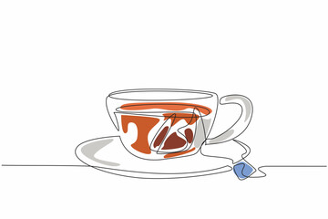 Poster - One line drawing of hot tea cup on ceramic saucer. Healthy red tea. National hot tea day. design for flyers, social media, celebratory materials