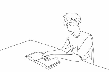 Poster - One line drawing of man sitting in study desk, learning braille language to communicate with people in global. World Braille Day. Touching book
