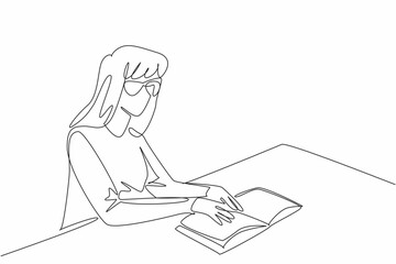 Poster - World Braille Day. Continuous line drawing of beauty woman try to read braille language from book. Sit in public library to learn reading ability.