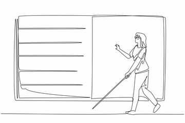 Poster - One line drawing of character woman walk by fingering huge braille books, trying to spell the words. Learn to read. International world braille day