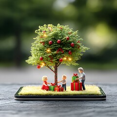 Wall Mural - Family celebrating Christmas with gifts under a decorated tree