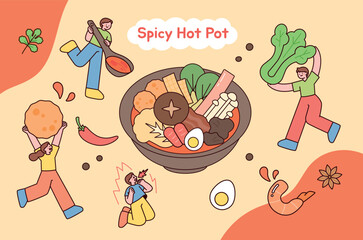 Poster - people holding spicy spicy dishes and large cooking ingredients.