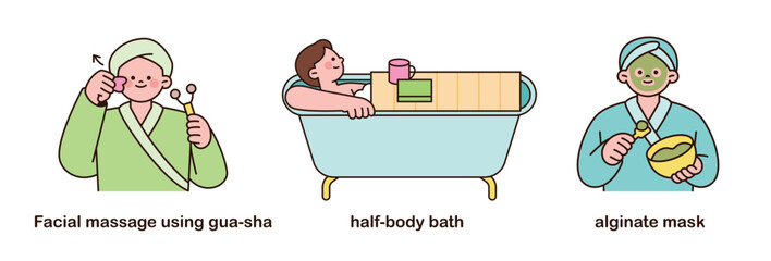 Poster - people who take care of themselves for a healthy lifestyle. facial massage, half-body bath, mask pac
