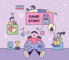 Poster - people enjoying games with console game controllers. cute composition banner poster concept. cuttiny