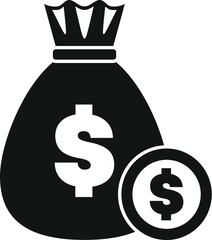 Poster - black and white icon of money bag with dollar symbol and coin, representing savings, investment, wea