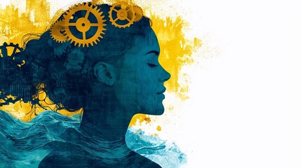 Poster - A vibrant artistic depiction of a woman's silhouette, symbolizing creativity and innovation with gears and waves.