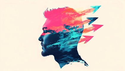 Poster - A vibrant, artistic representation of a man's profile with colorful abstract patterns symbolizing thoughts and emotions.