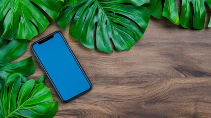 Modern Smartphone Mockup with Tropical Leaves on Wood