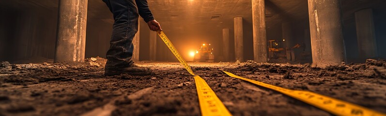 Poster - A worker measures the ground with a long yellow tape measure in a dimly lit, industrial environment, highlighting accuracy in a construction scene.