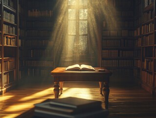 Poster - Serene Library with Sunlit Dictionary A Celebration of Learning and Knowledge for National Dictionary Day, World Book Day, and International Literacy Day