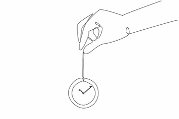 Poster - Single one line drawing of hand holding old vintage pocket watch with long chain. Antique clock. World hypnotism day. International event. Celebrate every year. Continuous line vector illustration