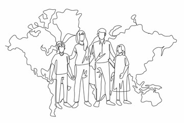Poster - Global Family Day. Continuous line drawing of happy family standing with big world map on the wall behind as background. Mom, dad, boy and girl. Vector art illustration graphic design