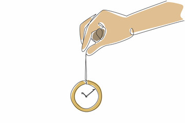 Poster - Single one line drawing of hand holding old vintage pocket watch with long chain. Antique clock. World hypnotism day. International event. Celebrate every year. Continuous line vector illustration