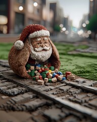 Wall Mural - Santa Claus made of blocks with a bag of gifts in a cityscape