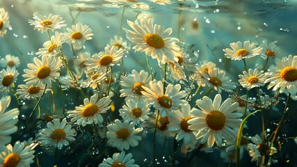 Wall Mural - Daisies sway gently in the water, creating a beautiful underwater scene