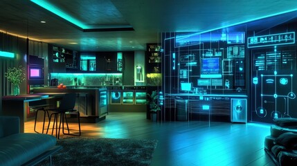 Poster - A smart home of the future, featuring an interconnected system of appliances, lights, and security features controlled by voice and AI.