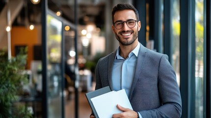 Poster - A smiling businessman in formal wear stands holding a file at work.