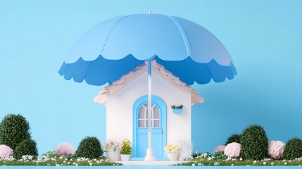 Wall Mural - Charming House Under a Blue Umbrella Surrounded by Lush Greenery and Flowers