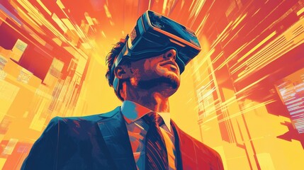 Poster - A suited businessman with a VR headset gestures to invisible data points,