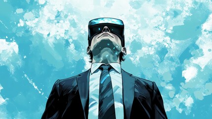 Poster - A suited businessman with a VR headset gestures to invisible data points,