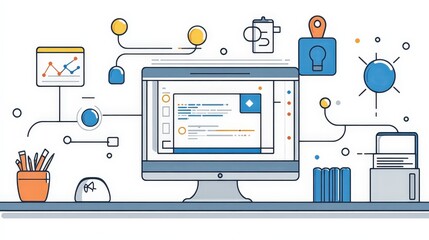 Poster - A UX designer's desk with wireframes, user flow diagrams, and a laptop displaying a sleek app interface, highlighting the user-centered process.