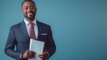 Poster - A well-dressed businessman in a suit stands holding a file, smiling confidently at work.